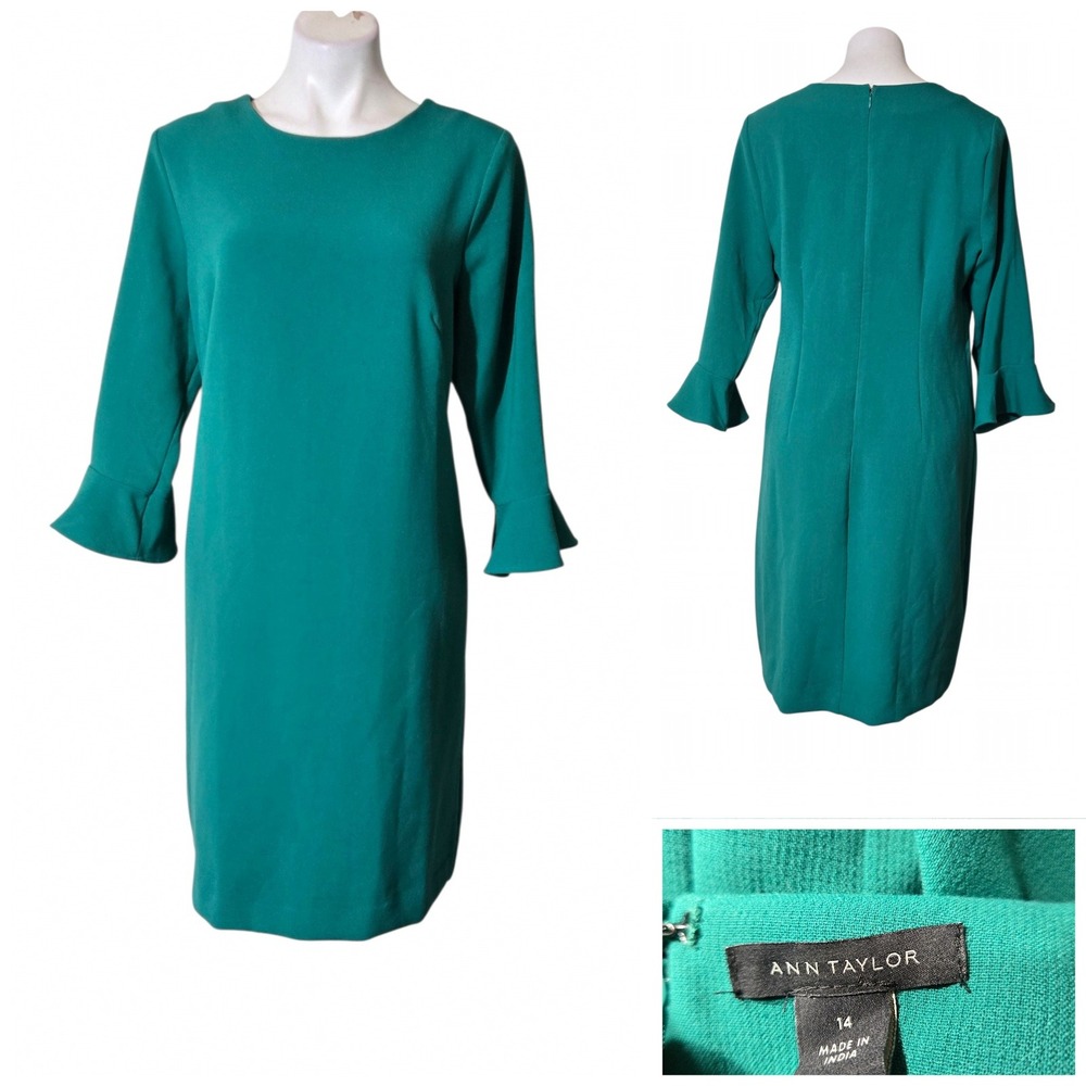 Ann Taylor Emerald Green Bell Sleeve Sheath Dress Size 14 Work Event Holiday